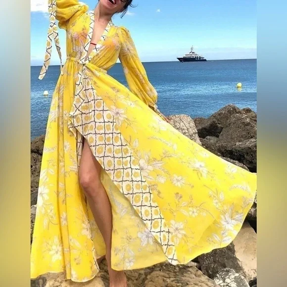 Elegant Bohemian Floral Tropical Print Long Sleeve Maxi Swimsuit Coverup Kimono - Picture 2 of 13